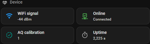 Device panel: WiFi signal −44 dBm, online and connected, air quality calibration 1, uptime 2,225 seconds.